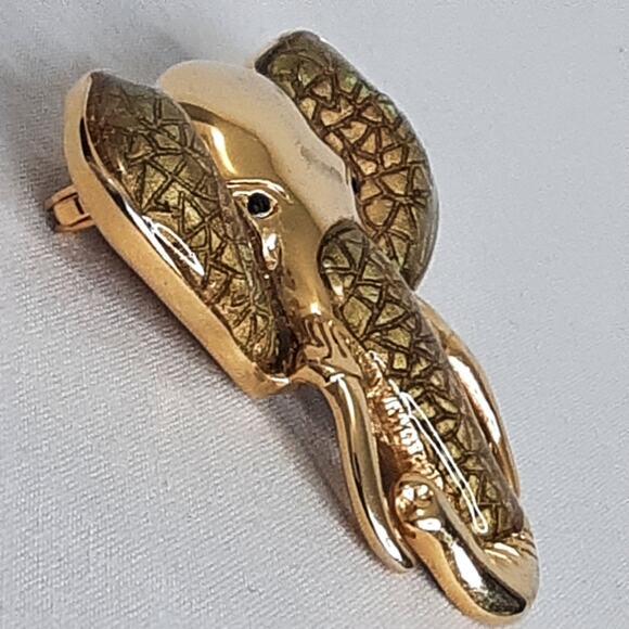 Vintage 1980s Elephant Head Brooch Heavy Gold Tone Metal Brown Green Enamel - Picture 5 of 11